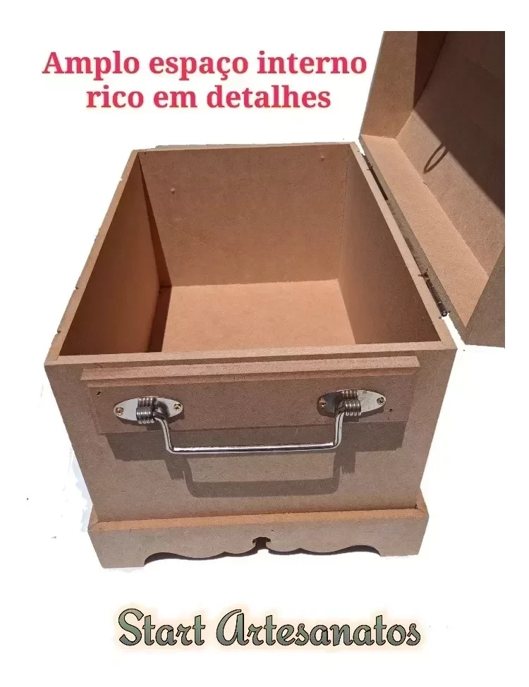 Caixa Grande Com Alça Baú Madeira Mdf Natural Cru + Cadeado - 3