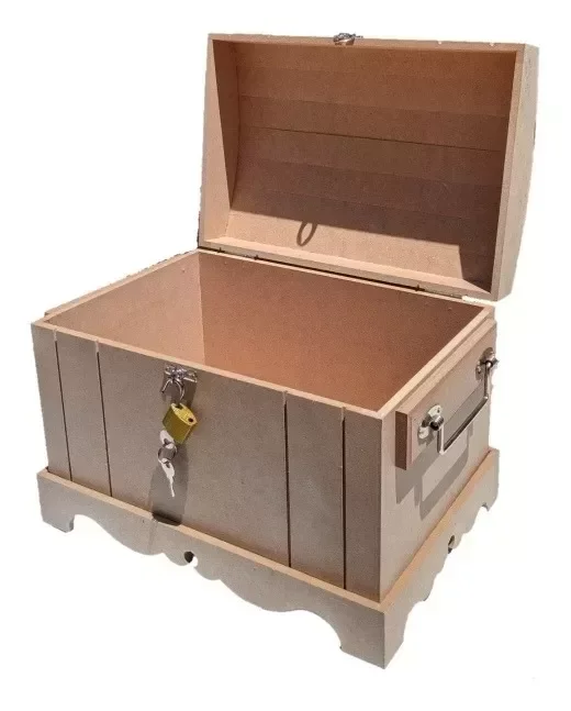 Caixa Grande Com Alça Baú Madeira Mdf Natural Cru + Cadeado - 1