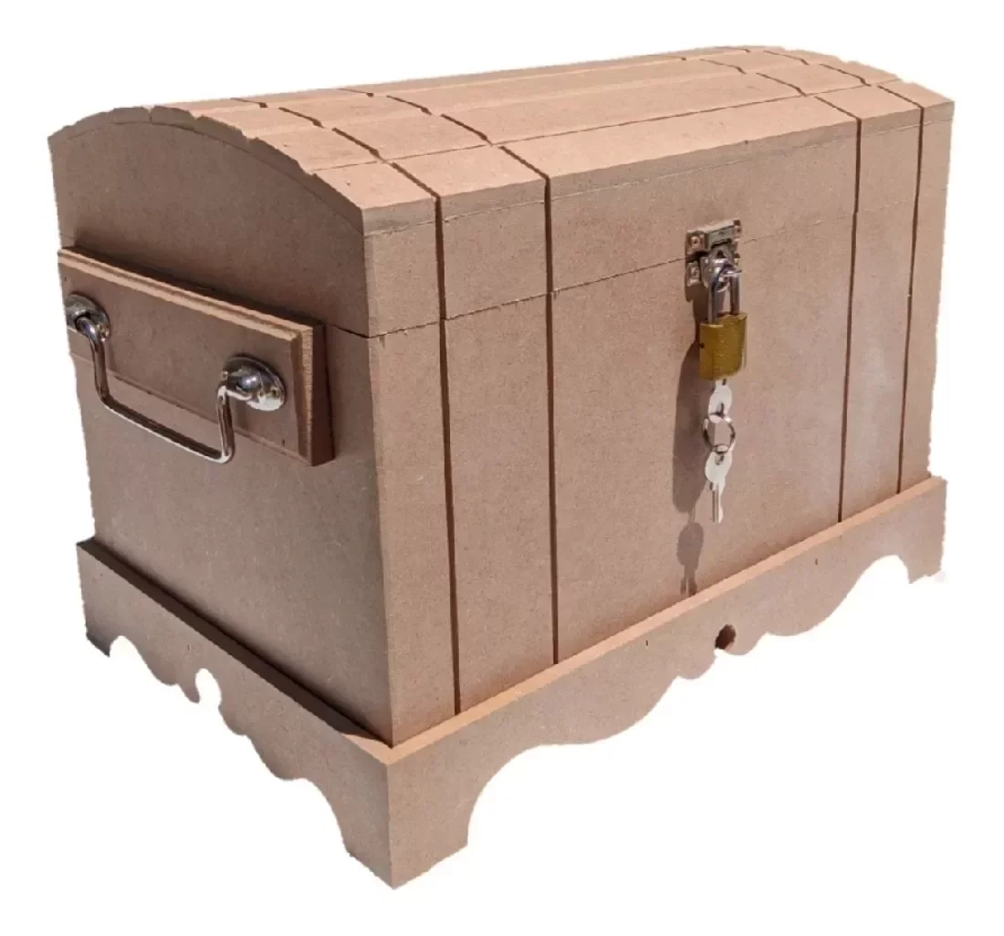 Caixa Grande Com Alça Baú Madeira Mdf Natural Cru + Cadeado - 2