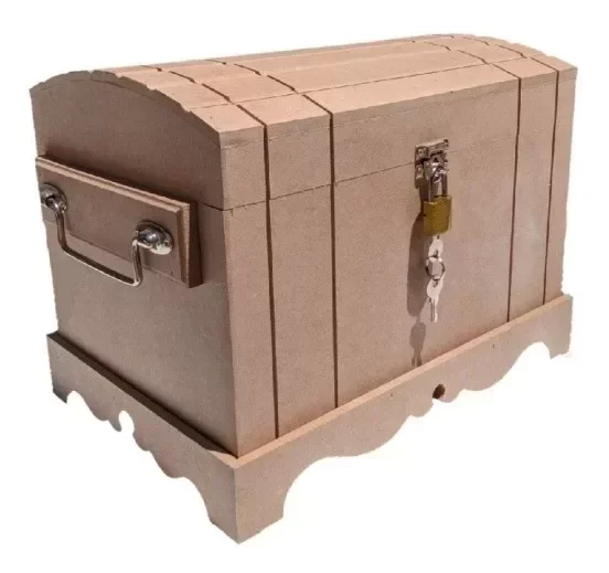 Caixa Grande Com Alça Baú Madeira Mdf Natural Cru + Cadeado - 6