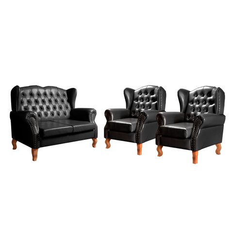 Conjunto Imperador Sofá Chesterfield Decoração Sala Recepção Estilo Vintage - Couríssimo Preto