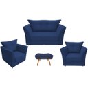 Ver imagem 1 de Kit Namoradeira + 2 Poltronas Decorativa Isis + 1 Puff Retangular Suede Azul Marinho Pés Madeira Ms 