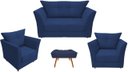 Ver imagem 1 de Kit Namoradeira + 2 Poltronas Decorativa Isis + 1 Puff Retangular Suede Azul Marinho Pés Madeira Ms