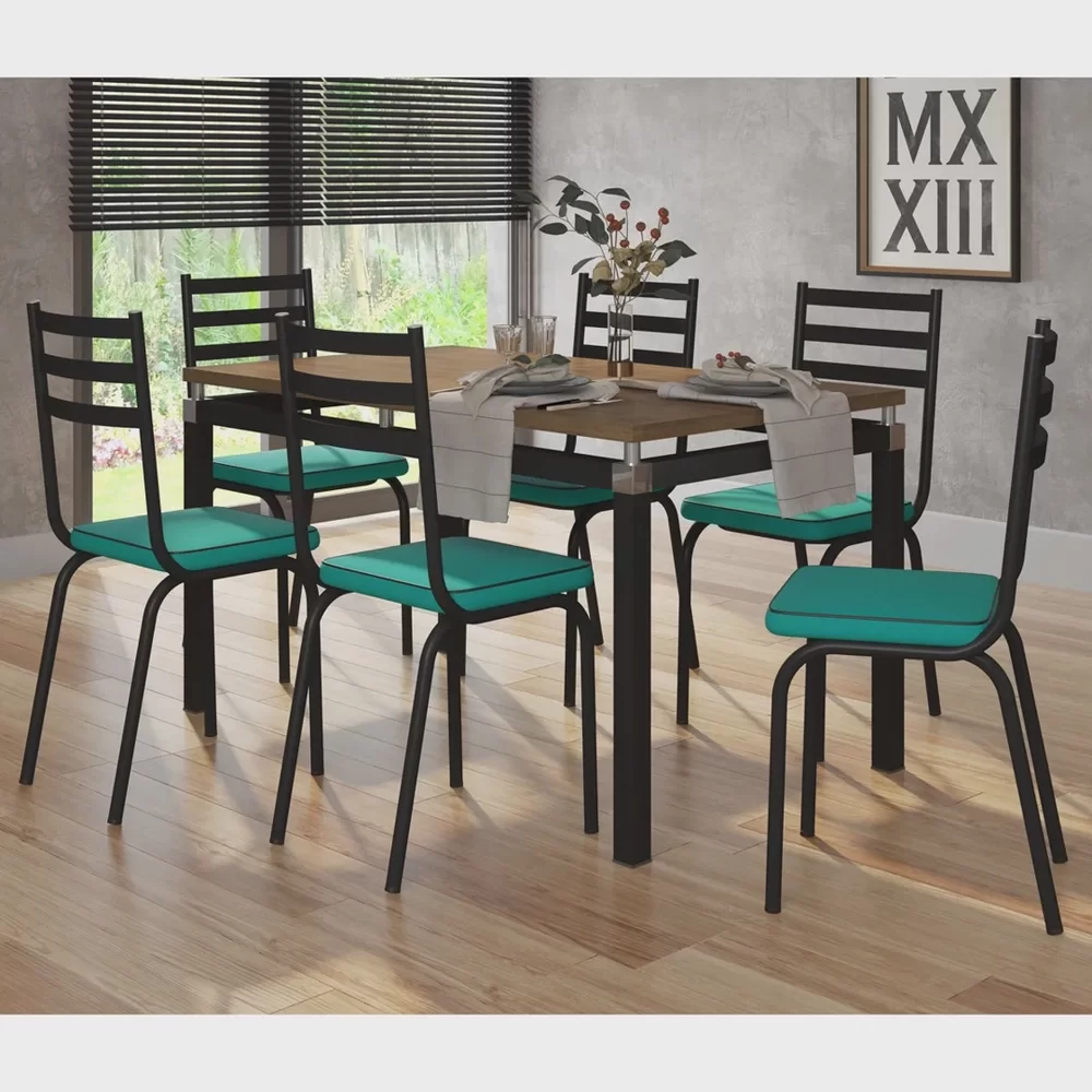 Conjunto Mesa Malva Sala de Jantar com 6 Cadeiras 118 Assento Azul Turquesa - OG Móveis - 1