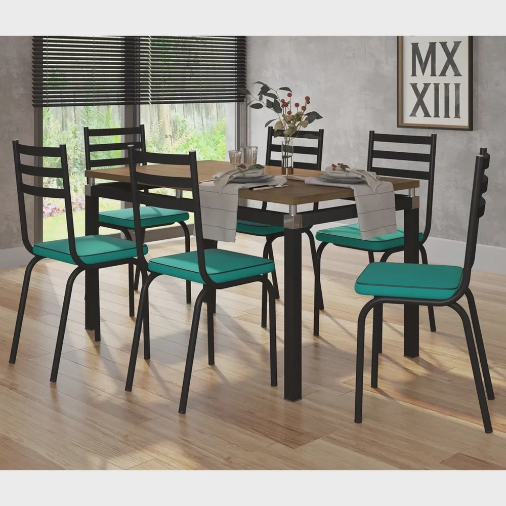Ver imagem 1 de Conjunto Mesa Malva Sala de Jantar com 6 Cadeiras 118 Assento Azul Turquesa - OG Móveis