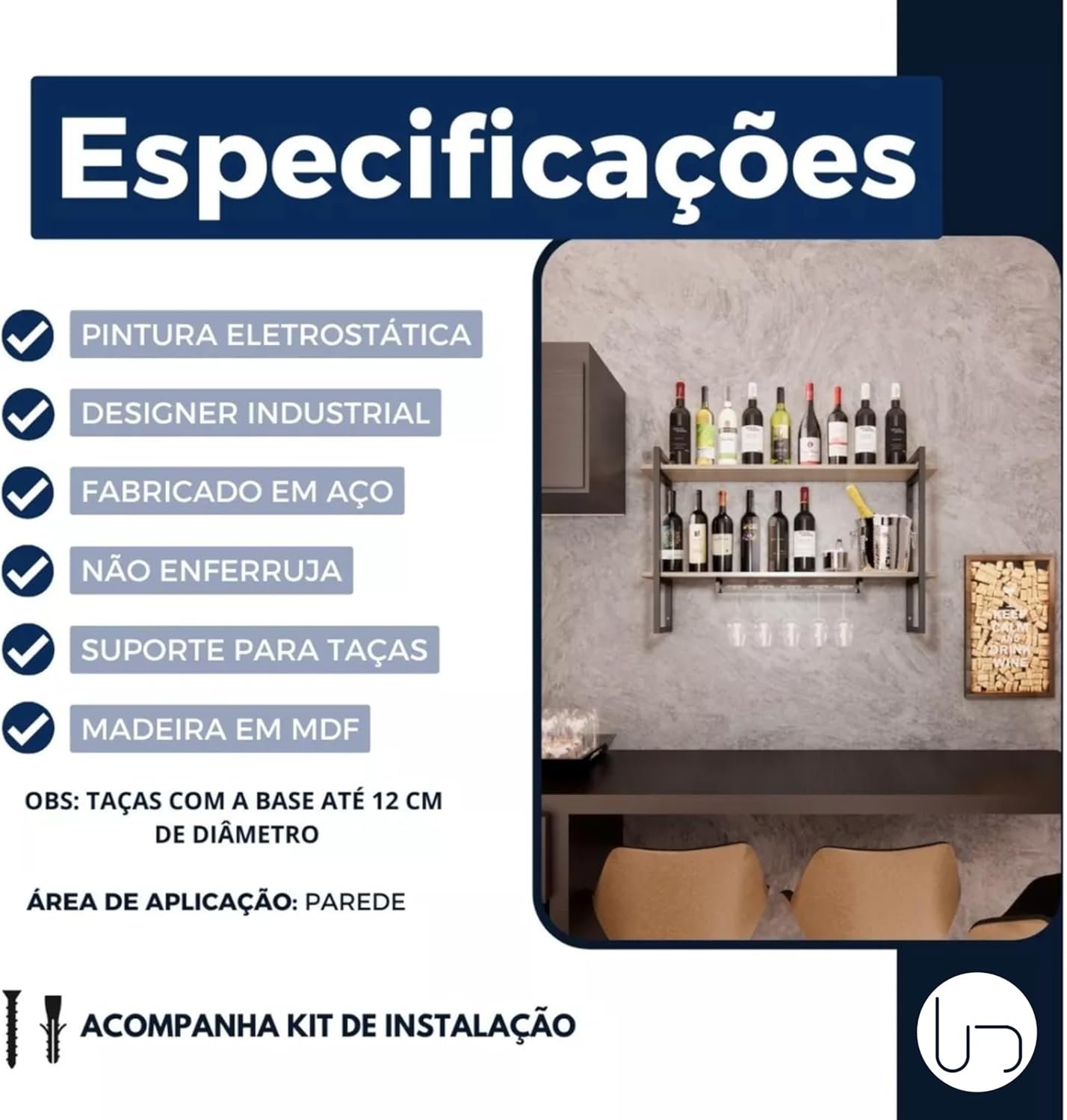 Adega Bar Prateleira Nicho Industrial Suporte Taça Mdf Qualidade Pintura Epóxi Não Enferruja (branco - 7