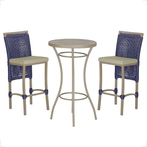 Mesa Bistrô e 2 Banquetas Roma Fendi Corda Estofado 7 Trama Azul