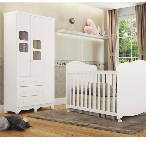 Quarto de Bebê Guarda-Roupa 1 Porta com Janela e Berço 100% MDF Mimo Espresso Móveis Branco Brilho