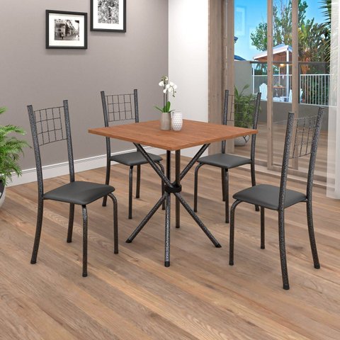 Conjunto de Mesa Tubular 70cm x 70cm Tampo em MDF com 4 Cadeiras Dany Prata/Preto Liso/Mart