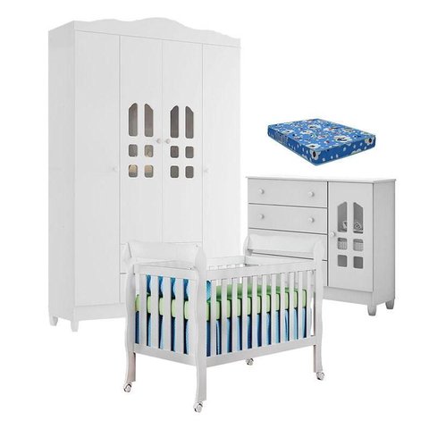 Quarto de Bebê New Selena 4 Portas com Berço Lila e Cômoda Selena Branco Brilho e Colchão Ortobom – 