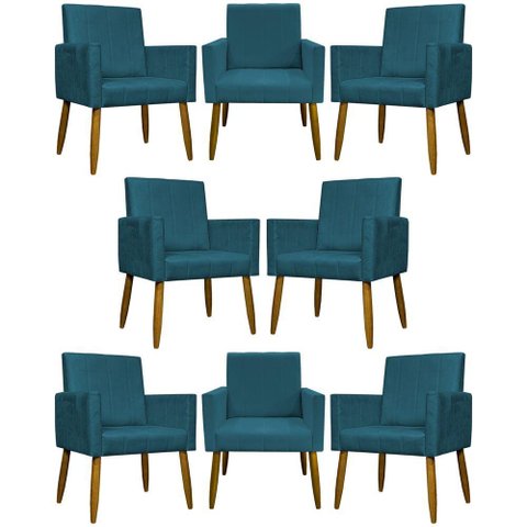 Kit 8 Poltronas Decorativas Mari Pé Palito Castanho - Azul-marinho Suede