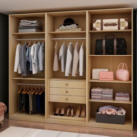 Guarda Roupa Closet Casal 3 Gavetas Cabideiros MDF Fosco Savana 240cm