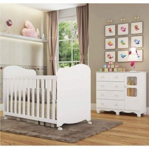 Quarto de Bebê com Cômoda 1 Porta com Janela e Berço 100% MDF Uli 