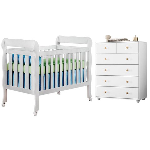 Berço Americano Lila com Cômoda Vittoria 6 Gavetas Branco - Móveis Albatroz