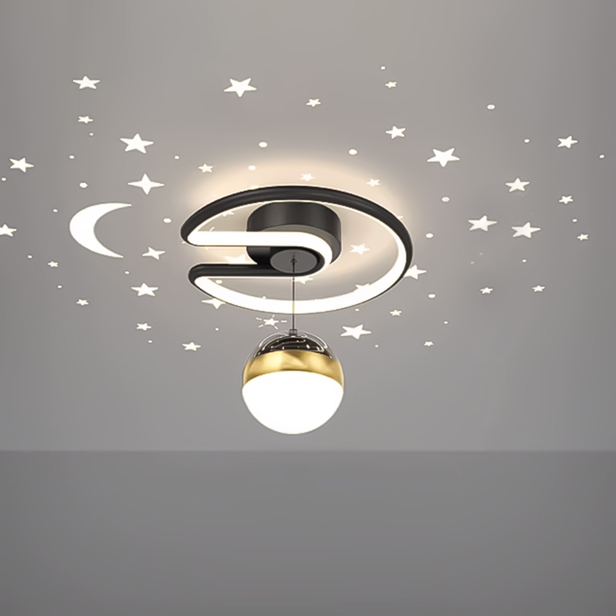 Pendente Céu Estrelado com Lua, Led 28w, Luz Amarela/branca/suave, Teto, Preto, Lexlight