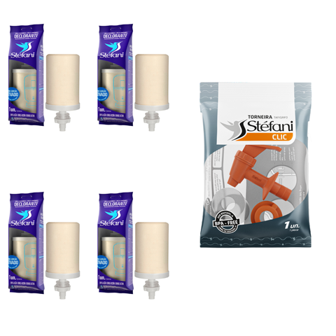 Kit 04 Un Vela Stéfani Declorante Dupla Ação Carvão Ativado + 01 Un Torneira Original Stéfani Clic