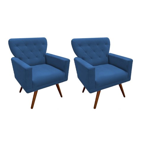 Kit 2 Poltronas Decorativa Aurora Suede Azul Pés Madeira Ms Decor
