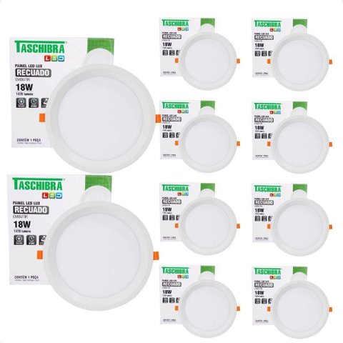 Kit 10 Painel de Led Redondo Embutir Recuado 18w Bivolt Taschibra 6500k Frio