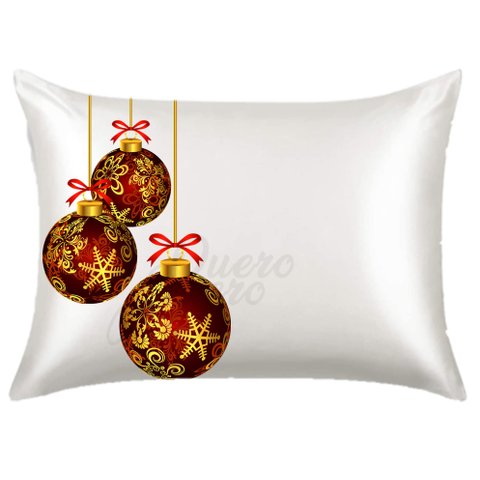 Fronha de Cetim Personalizada Bolas Natal Vermelhas Douradas