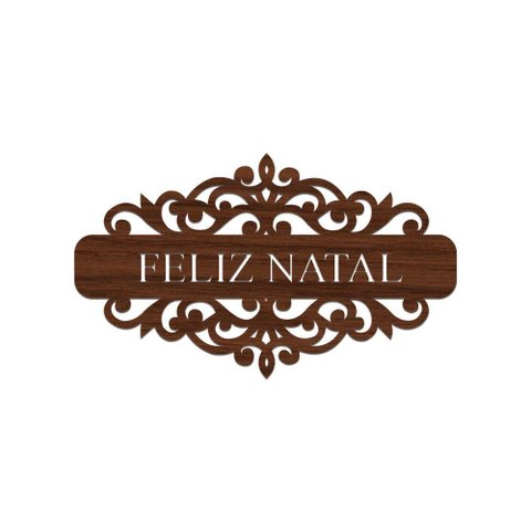 Placa Feliz Natal com Arabesco 30cmx17cm - Cria Arte Laser Madeira Escuro