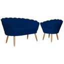 Ver imagem 1 de Kit Namoradeira + 1 Poltrona Decorativa Pétala Suede Azul Marinho Pés Madeira Mz Decor