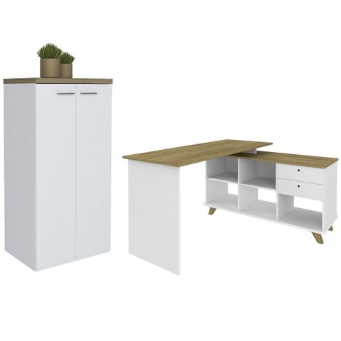 Mesa Escrivaninha em L Golden e Armário Alto 2 Portas Tok A06 Olmo-branco - Mpozenato