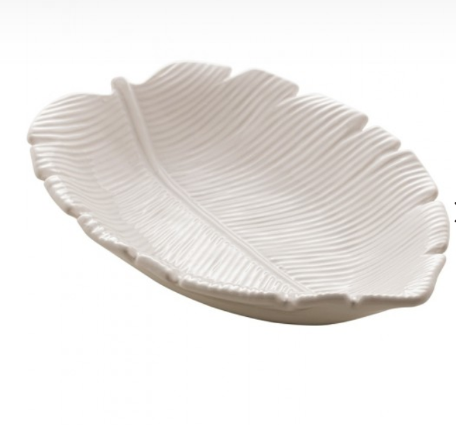 Travessa Folha Decorativa Ceramica Banana Branco 23x16x4,5cm