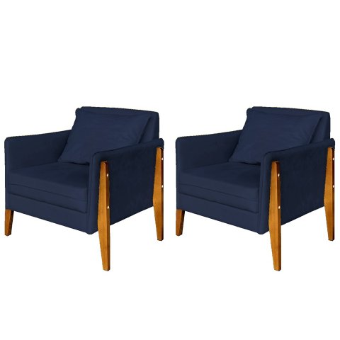Kit 2 Poltronas Decorativa Sophia Suede Azul Marinho Pés Madeira Ms Decor
