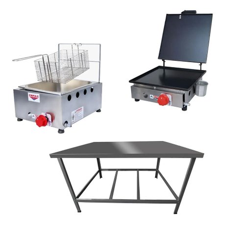Kit Lanchonete Mesa de Manipulação 100x55cm + Fritadeira a Gás 1 Cuba + Chapa a Gás 30cm