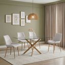 Ver imagem 1 de Conjunto Mesa de Jantar Lara 160cm Vidro 10mm Base Aço Carbono Bronze com 4 Cadeiras Linho - Cru
