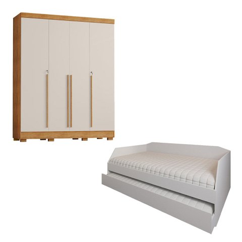 Conjunto Quarto Sofá-Cama Duo com Cama Auxiliar + Guarda-Roupa Domus Max 4 Portas - Branco/Off-White