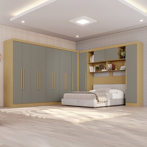 Guarda-Roupa de Canto Modulado 11 Portas 4 Gavetas Portugal Cinza/Jequitibá/Granizo