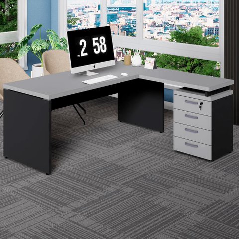 Mesa L Escrivaninha 1,70m Gaveteiro 4 Gavetas Pés Painel F5 Cor:cinza Sagrado com Preto