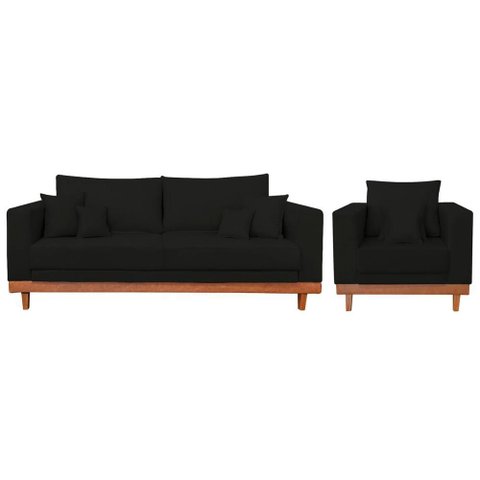 Kit Poltrona Living + Sofá 3 Lugares com Base Madeira Suede Cor:preto