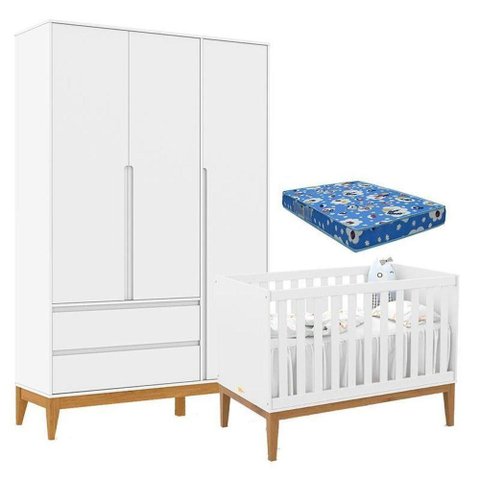 Berço Americano Unique e Guarda Roupa 3 Portas Nature Clean Branco Soft Eco Wood e Colchão Ortobom