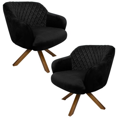 Kit 2 Poltronas Decorativas Kitana Pés Madeira Giratório Veludo Preto - Gran Belo