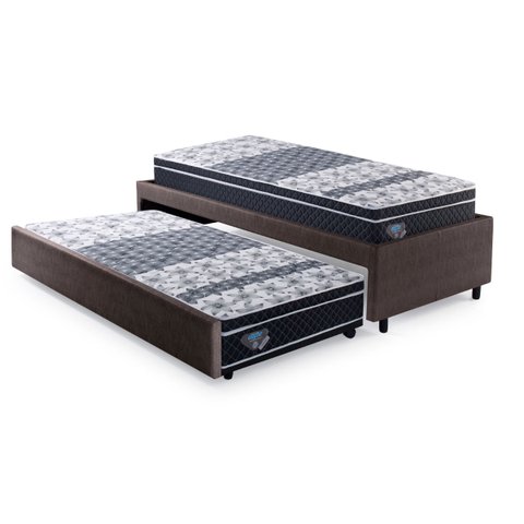 Bicama Box Solteiro Courino Linho Marrom 88x188 com Dois Colchões Gransleep Molas Ecoflex