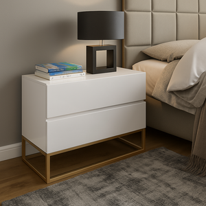 Kit 2 Mesa de Cabeceira Criados Branco 60cm Industrial Pés de Ferro Dourado 2 Gavetas Puxadores Cava