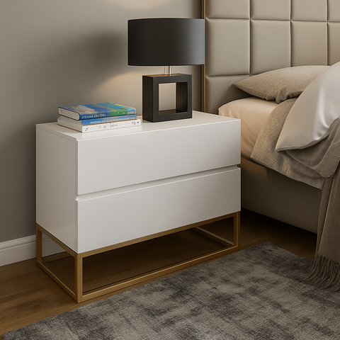 Kit 2 Mesa de Cabeceira Criados Branco 60cm Industrial Pés de Ferro Dourado 2 Gavetas Puxadores Cava