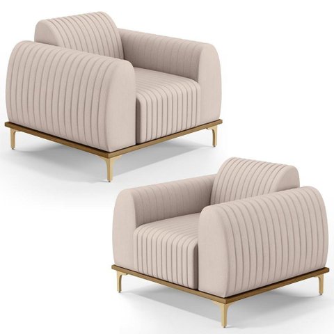 Kit 2 Poltronas Decorativas Base Gold D06 Suede C-309 Bege