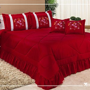 Kit Cobre Leito Especially Casal Super King Bordada 7 Peças Vermelho