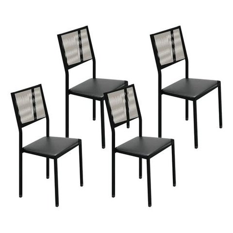 Kit 4 Cadeiras Maia Corino Preto e Fibra Nautica Champanhe Tubo Martelado