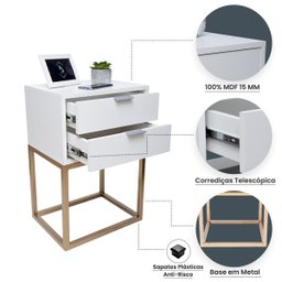 Mesa de Cabeceira Industrial 40cm Branco 2 Gavetas Pés Ferro Dourado para Quarto Cama - 3