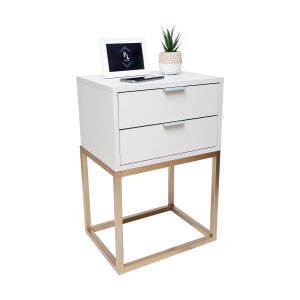 Mesa de Cabeceira Industrial 40cm Branco 2 Gavetas Pés Ferro Dourado para Quarto Cama