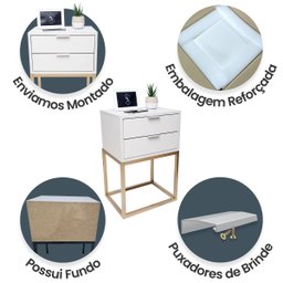 Mesa de Cabeceira Industrial 40cm Branco 2 Gavetas Pés Ferro Dourado para Quarto Cama - 4