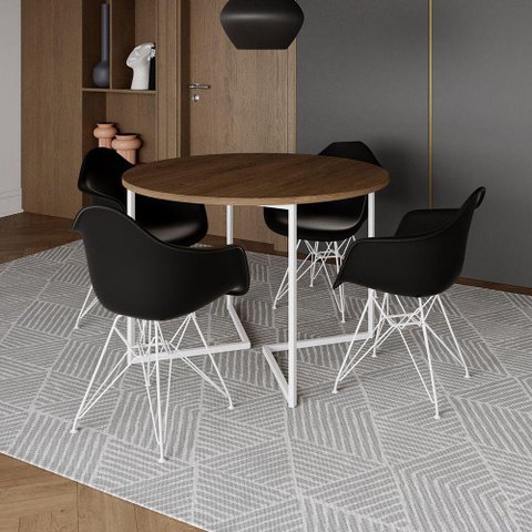 Mesa Industrial Jantar Redonda Amêndoa 110Cm Base V Com 4 Poltronas Daw Pretas Ferro Br Amendoa