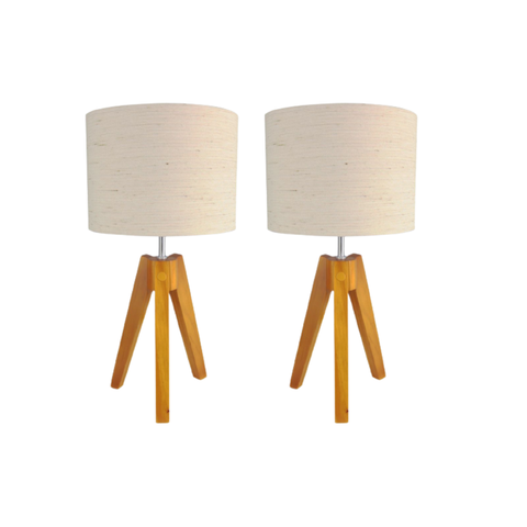 Kit 02 Abajur Quarto Tripé Madeira Pinus Cúpula Linho