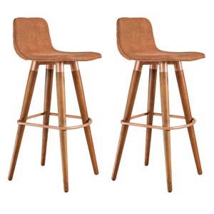 Kit 2 Banquetas Altas Luxo Linea Aço Cobre Linho Terracota Base Carvalho
