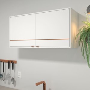Armário Aereo Suspenso 2 Portas Moderno Industrial para Cozinha Lavanderia Branco com Cobre 110cm