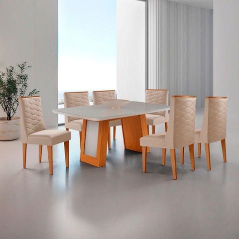 Conjunto de Jantar Carolina 6 Lugares Tampo em Vidro com Cadeiras Safira Off White 180cm Moderna